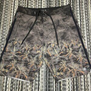 O Neill Superfreak Boardshorts Black Palm Tree Y2K Pattern Size 30 Waist